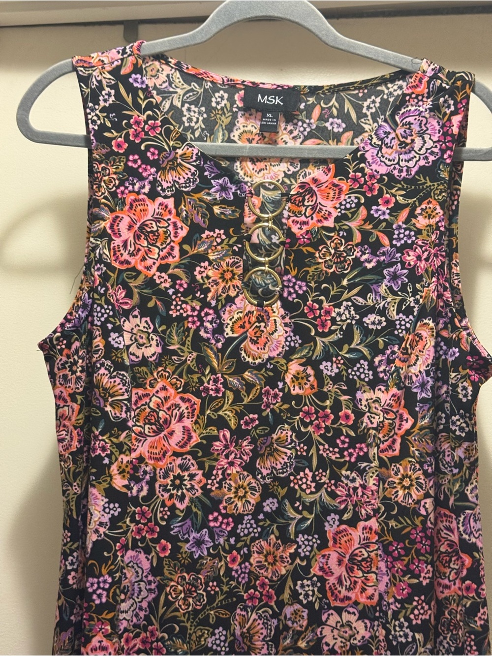MSK Black Floral Top with Pink, Purple & Orange Blooms Size XL NWOT - Picture 6 of 13
